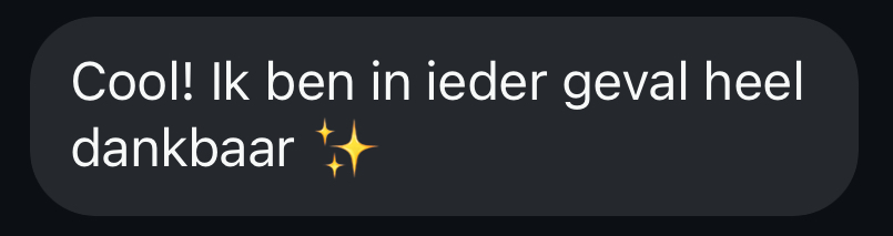 Screenshot van een WhatsApp review waarin een klant dankbaarheid uit voor de begeleiding en ondersteuning